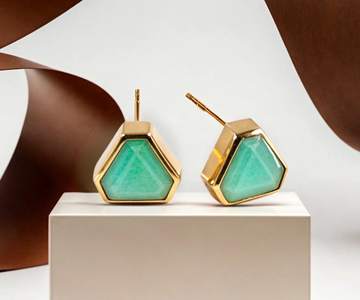 All Cotton and Linen Chrysoprase Stud Earrings | 18K Gold Plated | Dainty Green Gemstone