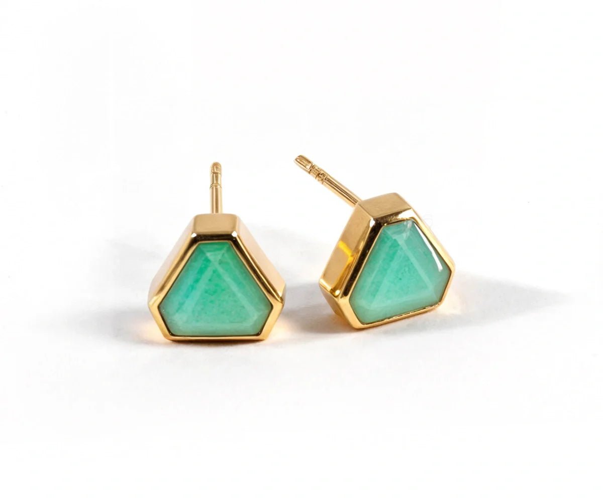 All Cotton and Linen Chrysoprase Stud Earrings | 18K Gold Plated | Dainty Green Gemstone