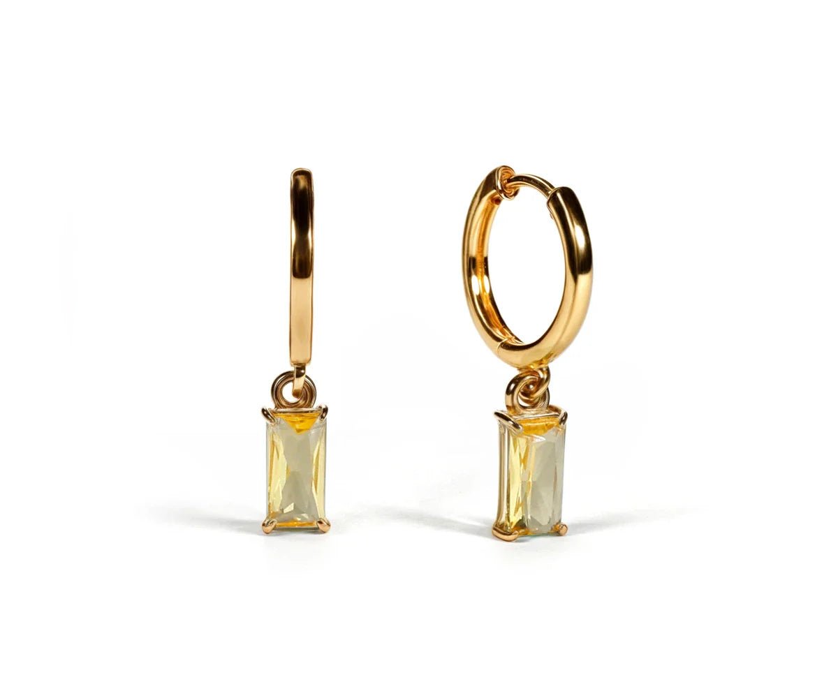 All Cotton and Linen Citrine Huggie Earrings | 18K Gold Plated | Baguette - Cut Gemstone
