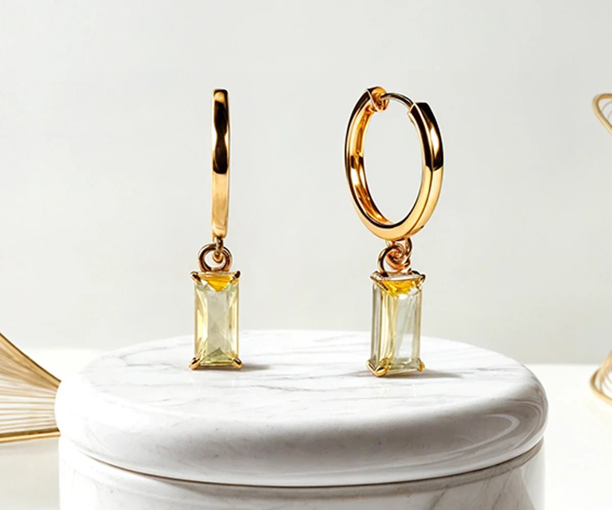 All Cotton and Linen Citrine Huggie Earrings | 18K Gold Plated | Baguette - Cut Gemstone