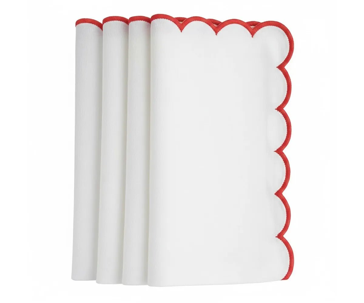 All Cotton and Linen Colored Scallop Edge Cotton Cloth Napkins with Red Trim