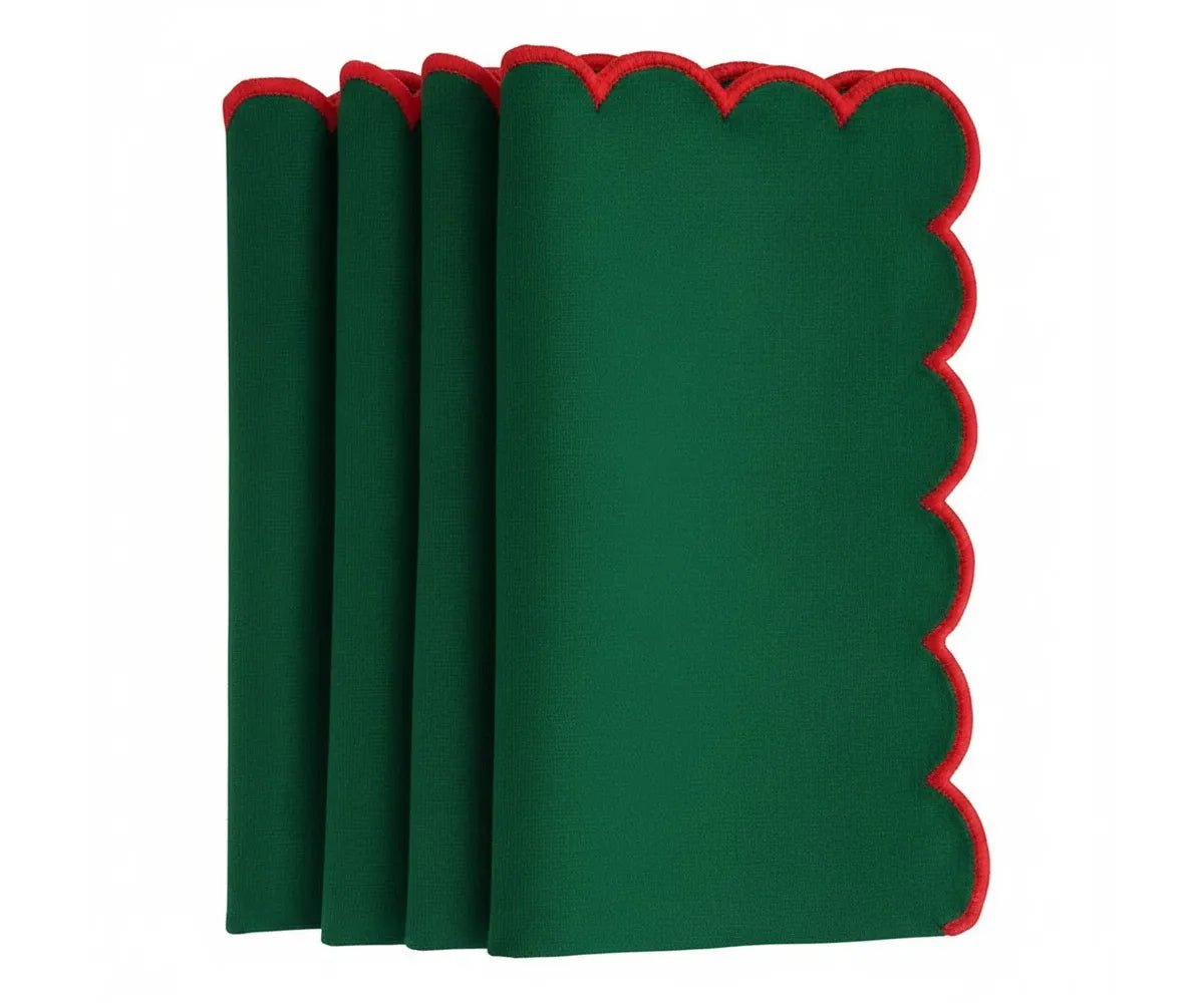 All Cotton and Linen Colored Scallop Edge Cotton Cloth Napkins with Red Trim