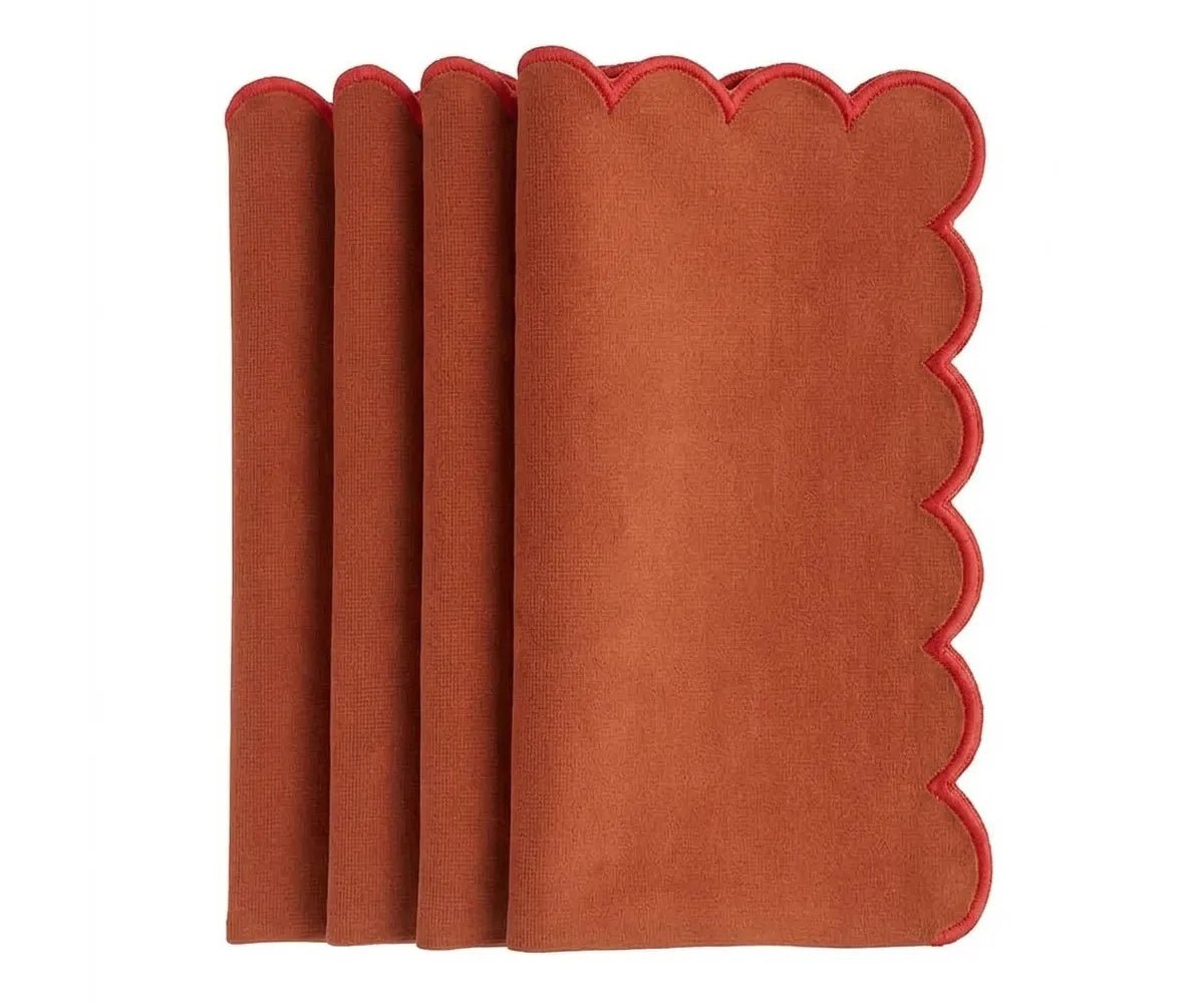 All Cotton and Linen Colored Scallop Edge Cotton Cloth Napkins with Red Trim