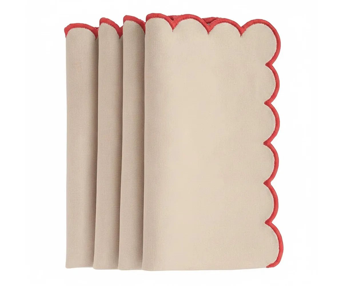 All Cotton and Linen Colored Scallop Edge Linen Cloth Napkins with Red Trim