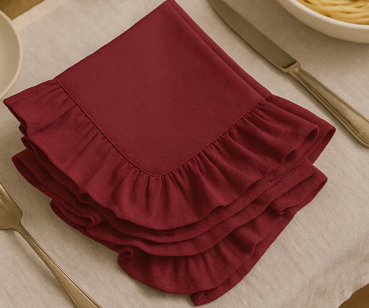 All Cotton and Linen Dark Red Ruffle Edge Cloth Napkins