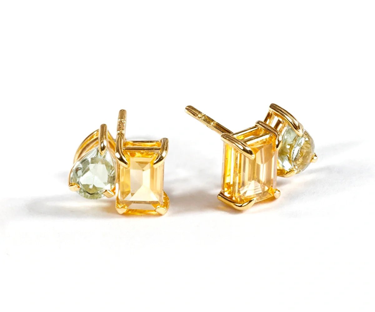 All Cotton and Linen Duo Green Amethyst Stud Earrings – Toi et Moi Birthstone Earrings in 18K Gold