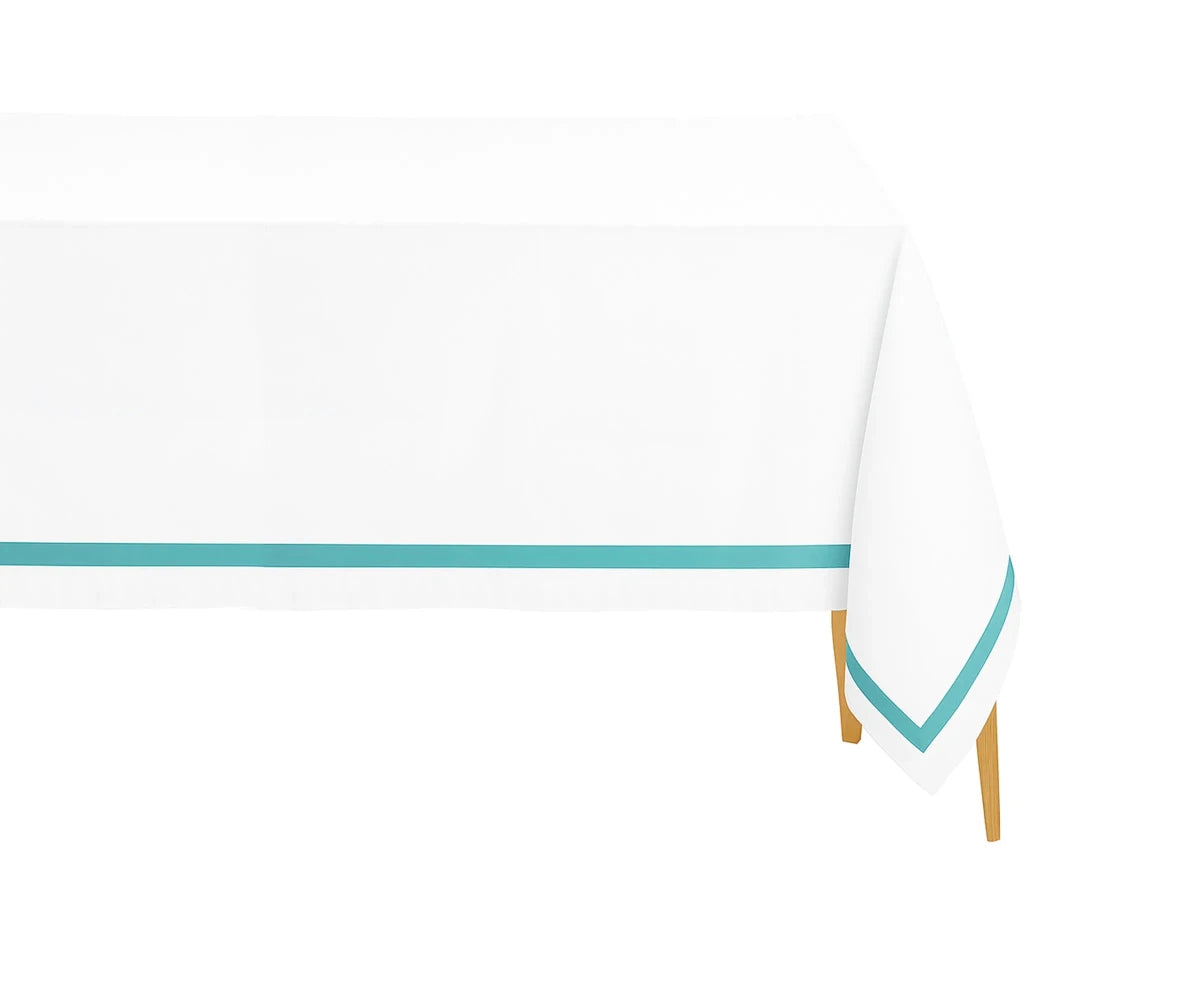 All Cotton and Linen Elegant Cotton Rectangle Tablecloth | Aqua Satin Trim