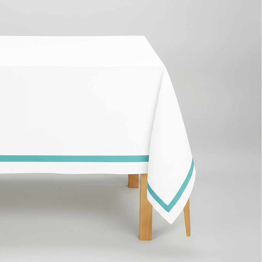 All Cotton and Linen Elegant Cotton Rectangle Tablecloth | Aqua Satin Trim