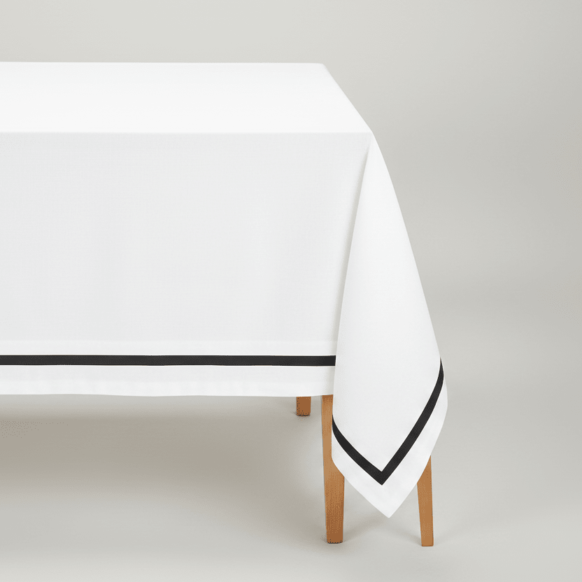 All Cotton and Linen Elegant Cotton Rectangle Tablecloth | Black Satin Trim