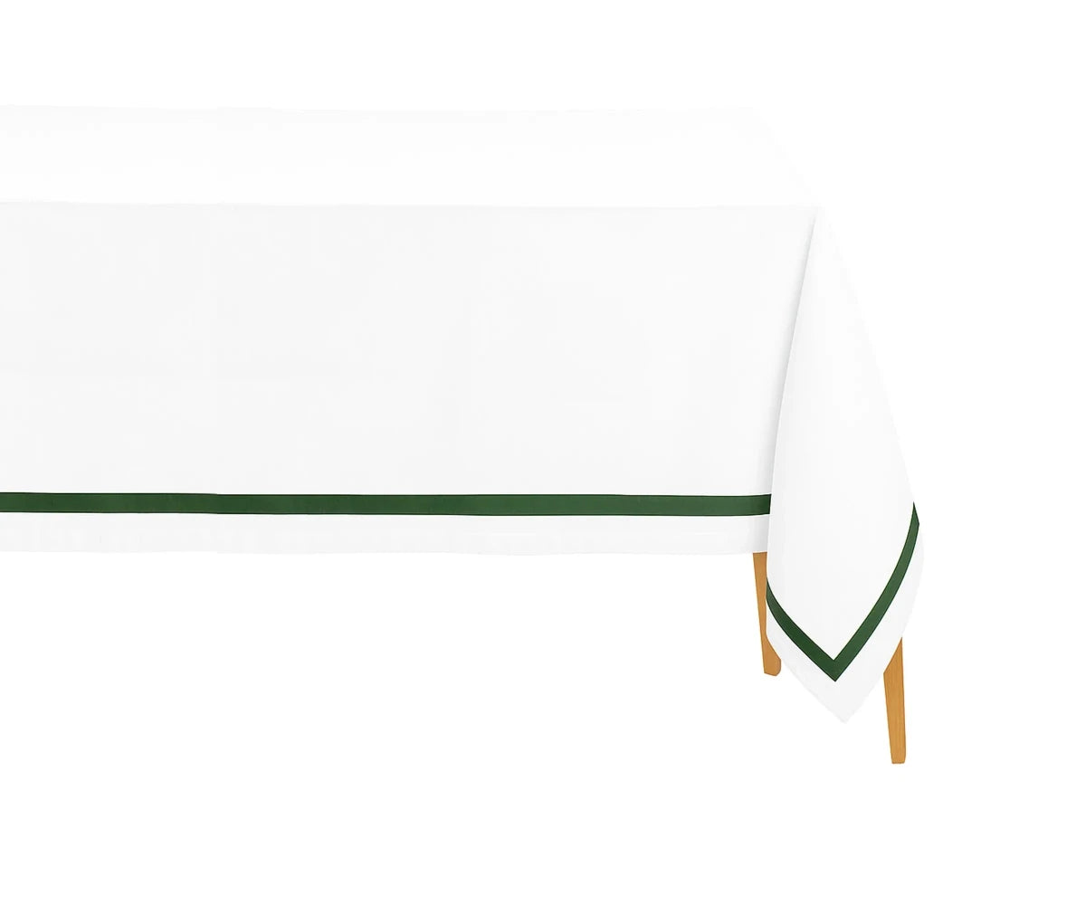 All Cotton and Linen Elegant Cotton Rectangle Tablecloth | Green Satin Trim