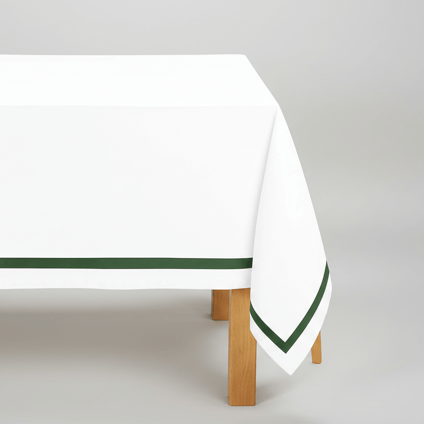 All Cotton and Linen Elegant Cotton Rectangle Tablecloth | Green Satin Trim