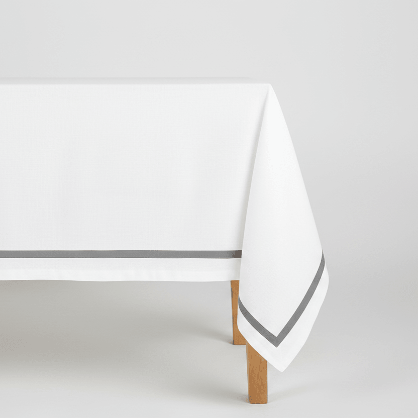 All Cotton and Linen Elegant Cotton Rectangle Tablecloth | Grey Satin Trim