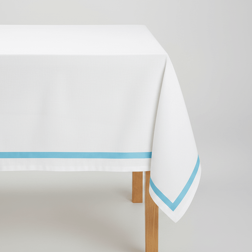 All Cotton and Linen Elegant Cotton Rectangle Tablecloth | Light Blue Satin Trim