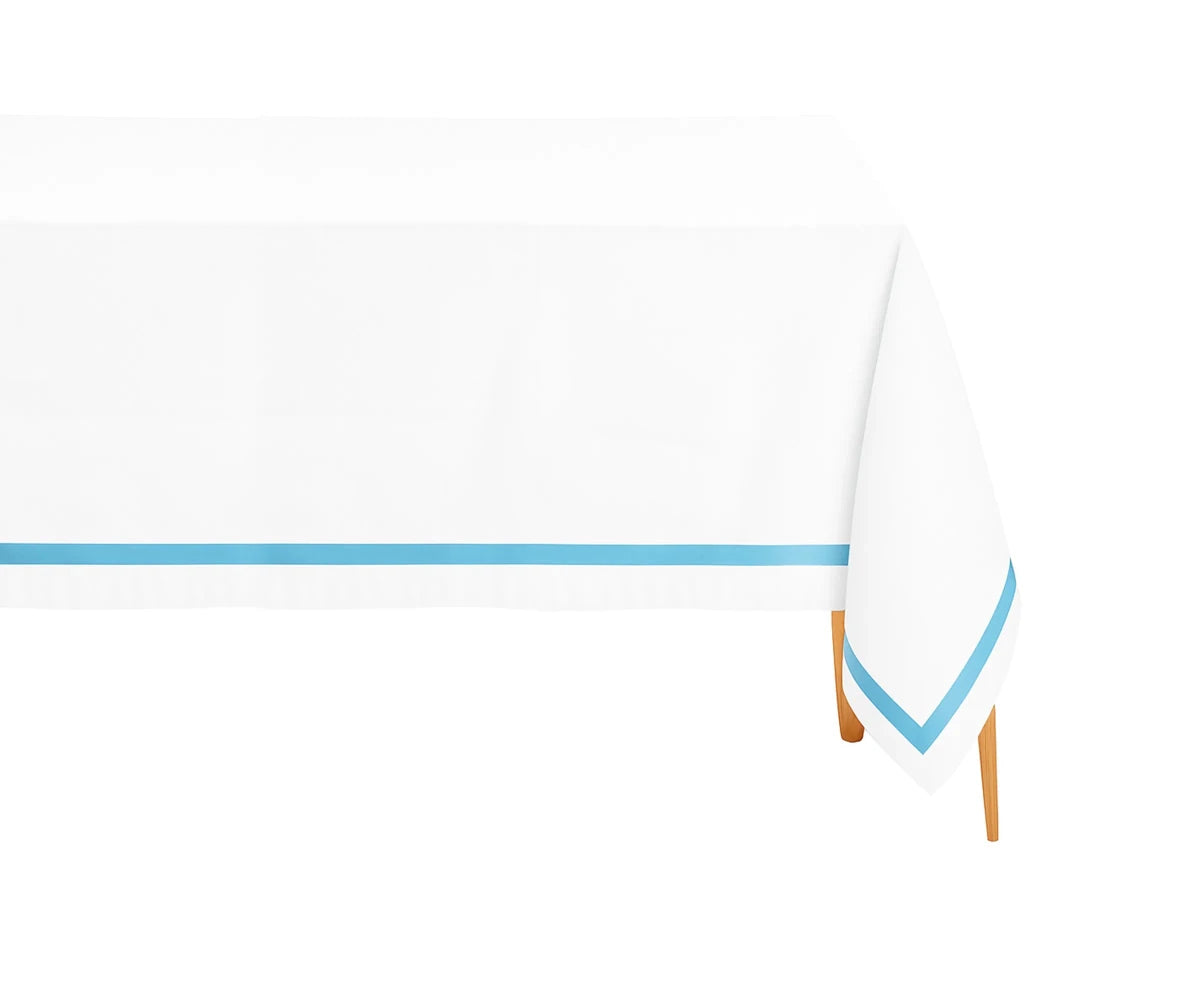 All Cotton and Linen Elegant Cotton Rectangle Tablecloth | Light Blue Satin Trim