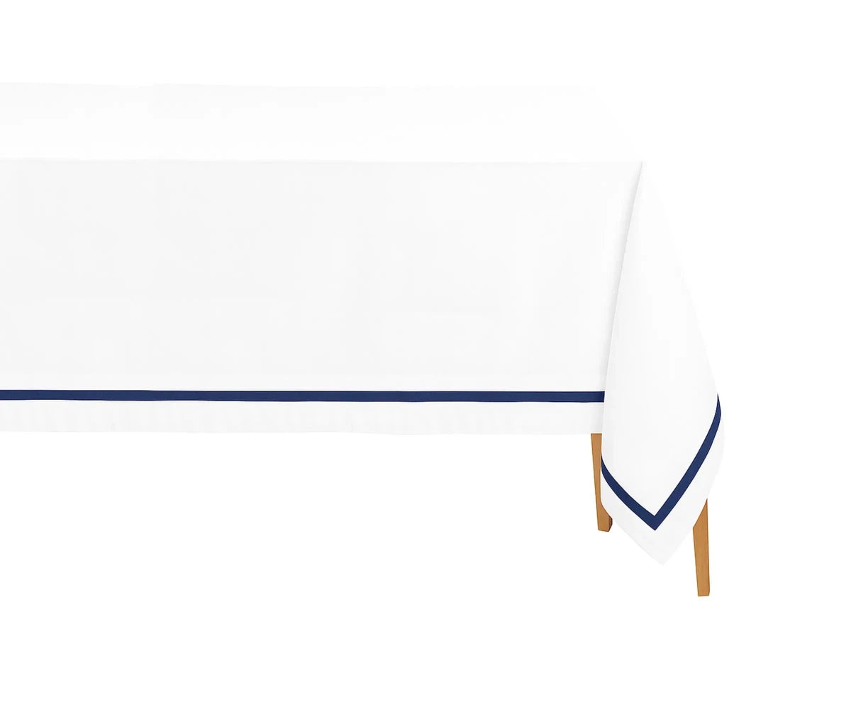 All Cotton and Linen Elegant Cotton Rectangle Tablecloth | Navy Blue Satin Trim