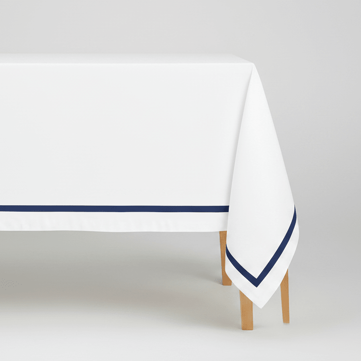 All Cotton and Linen Elegant Cotton Rectangle Tablecloth | Navy Blue Satin Trim