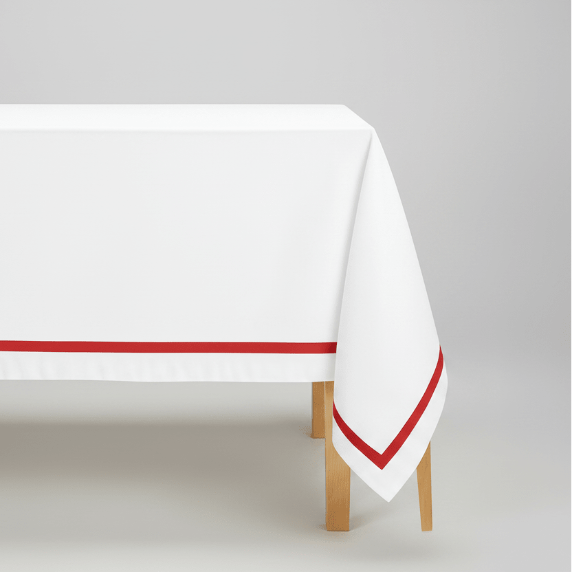 All Cotton and Linen Elegant Cotton Rectangle Tablecloth | Red Satin Trim