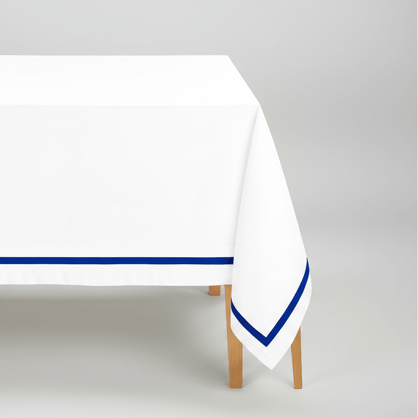 All Cotton and Linen Elegant Cotton Rectangle Tablecloth | Royal Blue Satin Trim