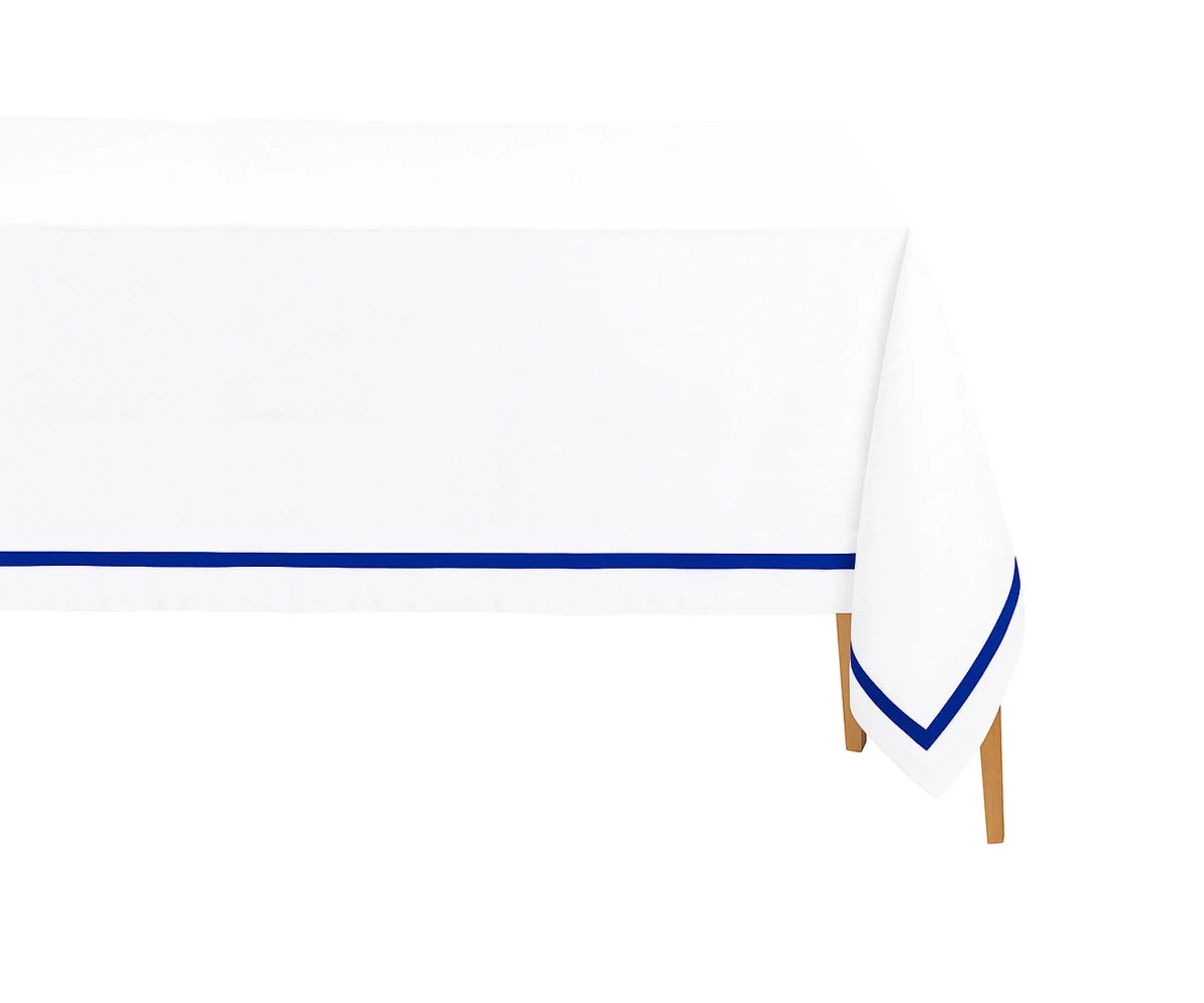 All Cotton and Linen Elegant Cotton Rectangle Tablecloth | Royal Blue Satin Trim