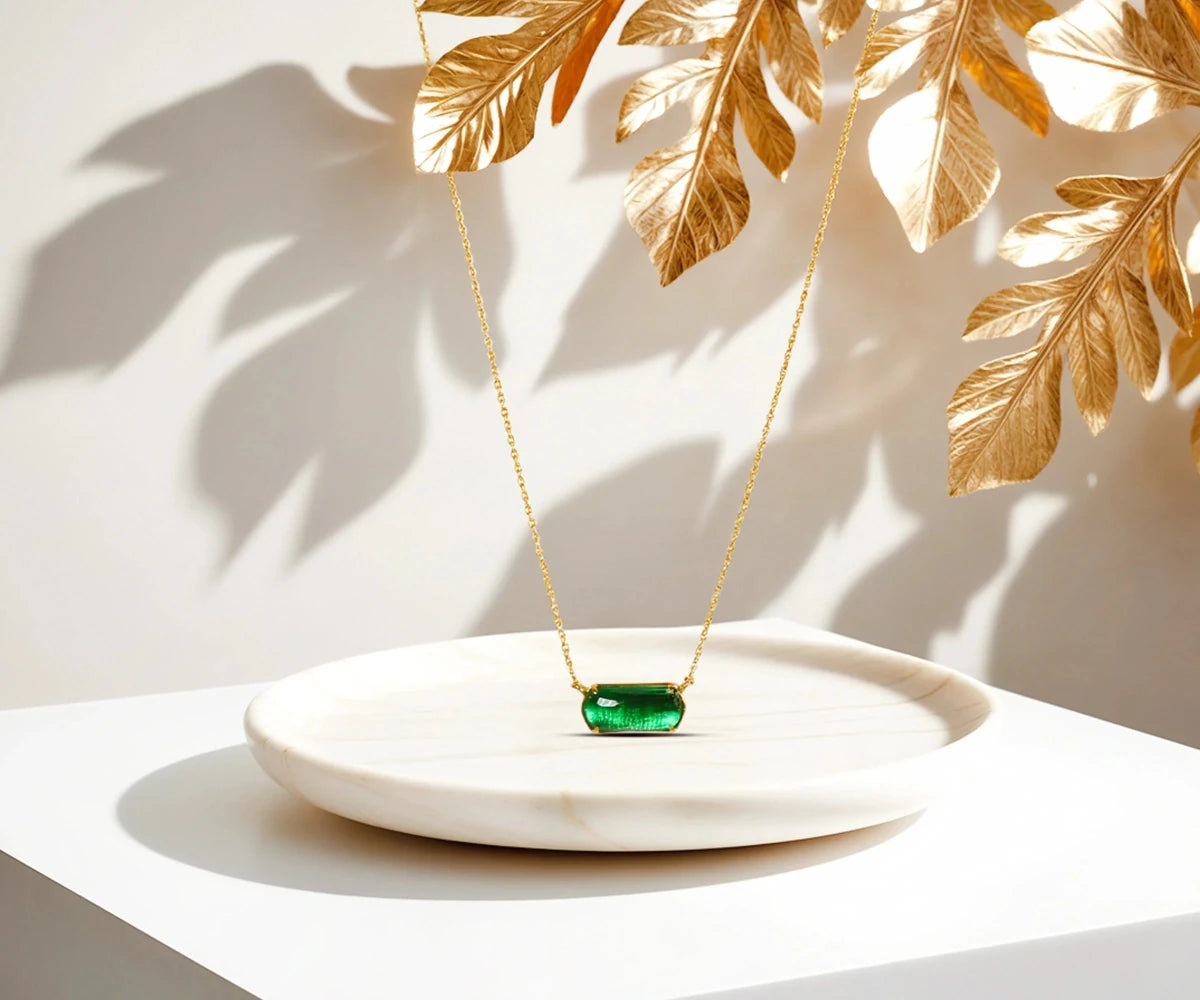 All Cotton and Linen Emerald Quartz Pendant Necklace – 18K Gold - Plated Chain with Green Stone