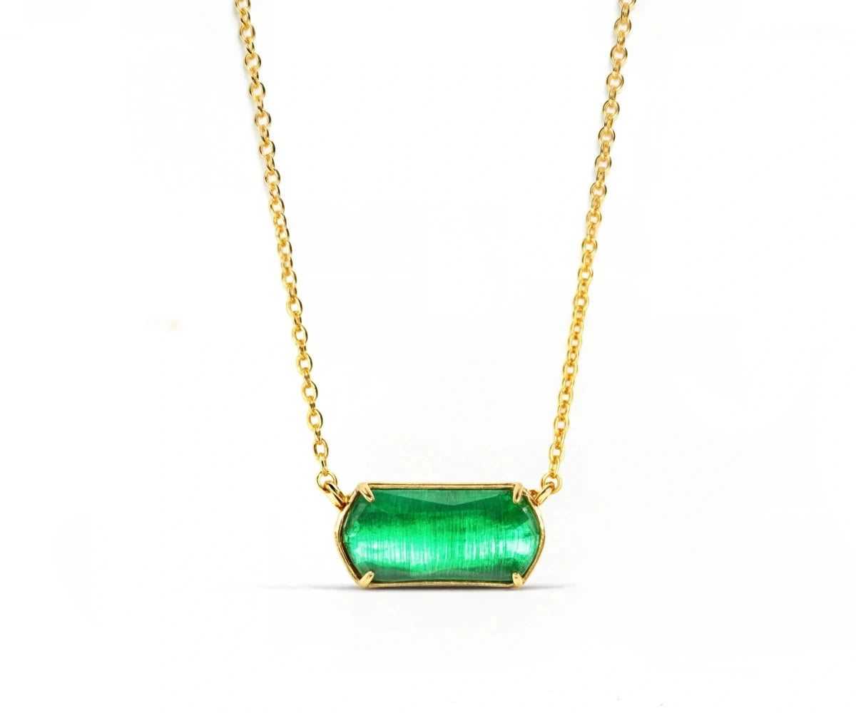 All Cotton and Linen Emerald Quartz Pendant Necklace – 18K Gold - Plated Chain with Green Stone