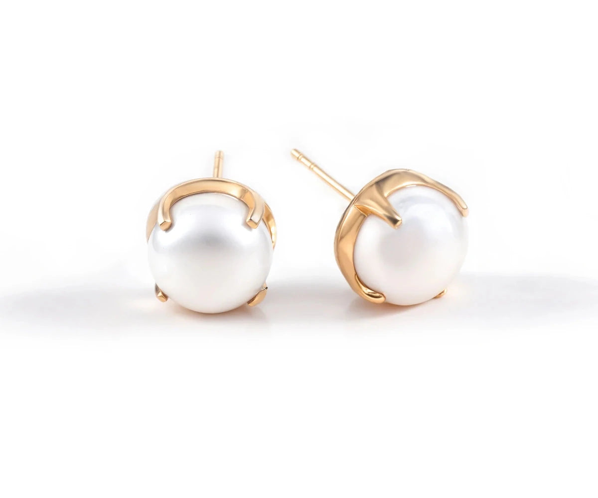 All Cotton and Linen Freshwater 10mm Pearl Stud Earrings – 18K Gold - Plated Brass
