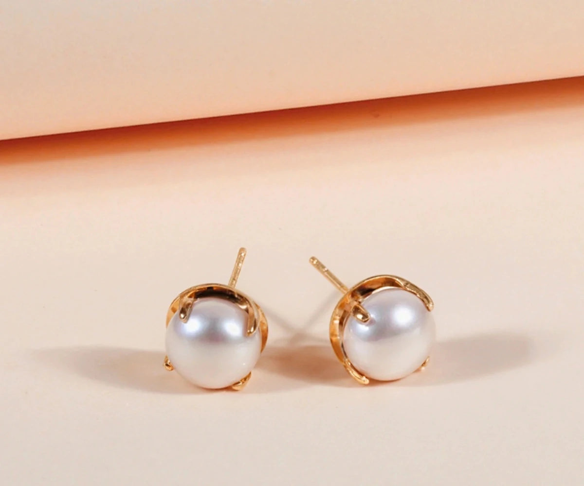 All Cotton and Linen Freshwater 10mm Pearl Stud Earrings – 18K Gold - Plated Brass