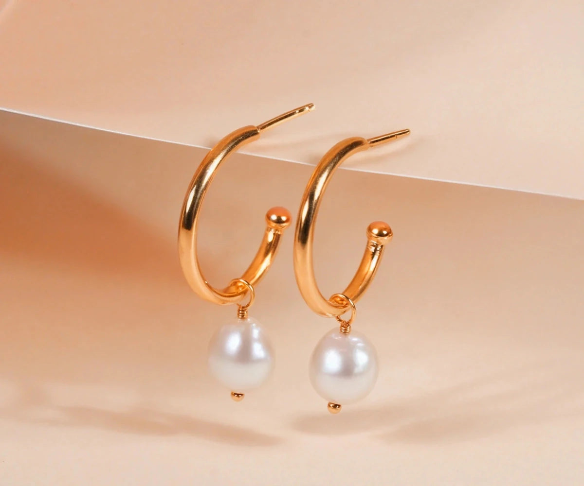 All Cotton and Linen Freshwater Pearl Hoop Earrings | 18K Gold - Plated | Genuine Tumble Pearl
