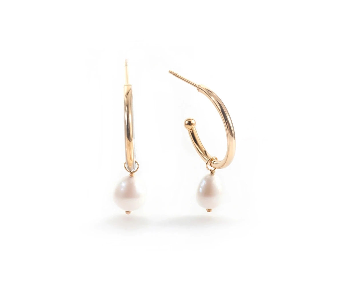 All Cotton and Linen Freshwater Pearl Hoop Earrings | 18K Gold - Plated | Genuine Tumble Pearl