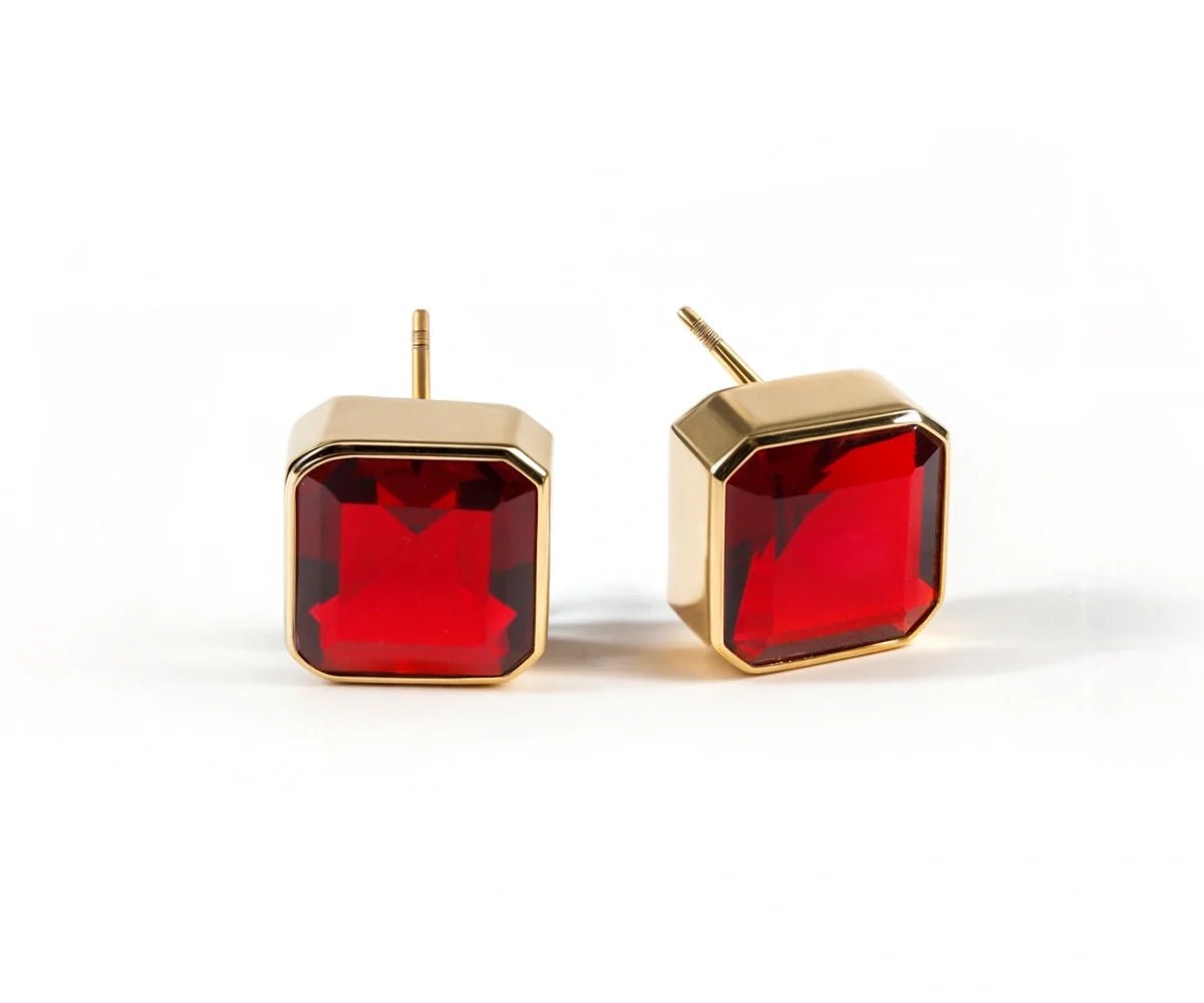 All Cotton and Linen Garnet Stud Earrings | 18K Gold - Plated Asscher - Cut Fiery Garnet