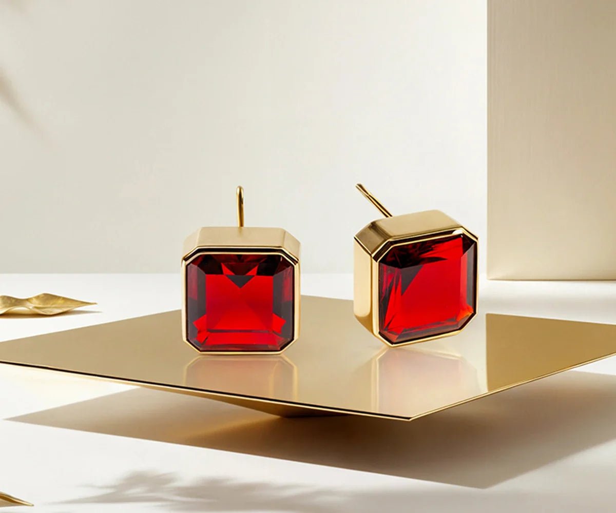 All Cotton and Linen Garnet Stud Earrings | 18K Gold - Plated Asscher - Cut Fiery Garnet