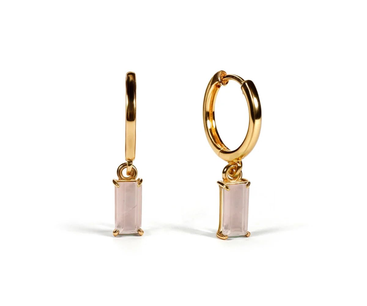 All Cotton and Linen Gold Plated Rose Quartz Huggie Earrings – 18K Dangle Hoops