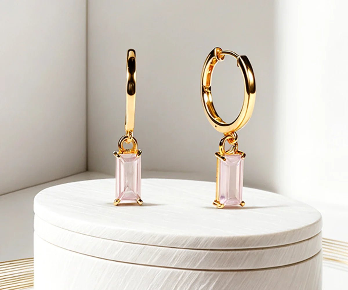 All Cotton and Linen Gold Plated Rose Quartz Huggie Earrings – 18K Dangle Hoops