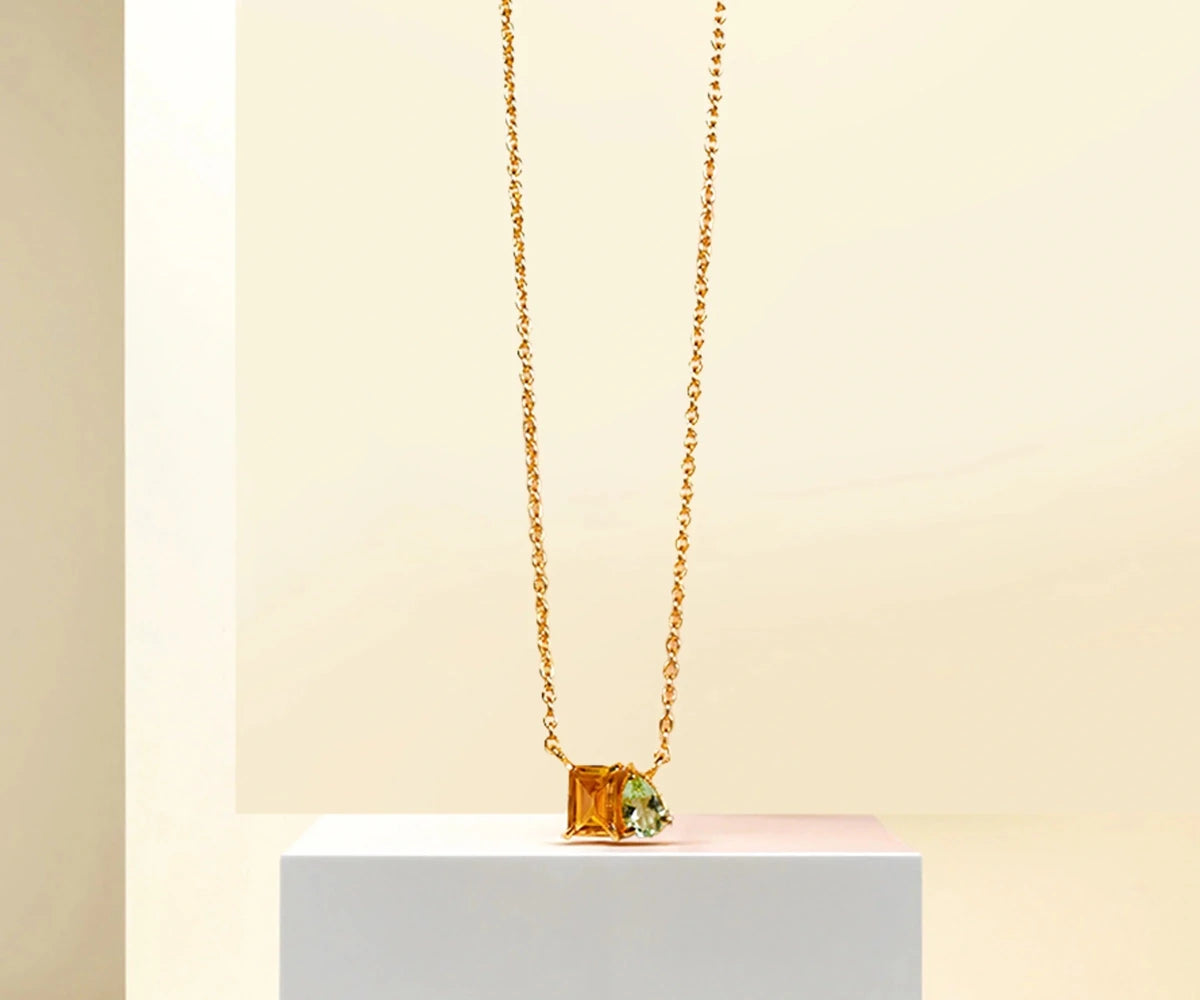 All Cotton and Linen Green Amethyst & Citrine Toi et Moi Pendant Necklace – 18K Gold - Plated