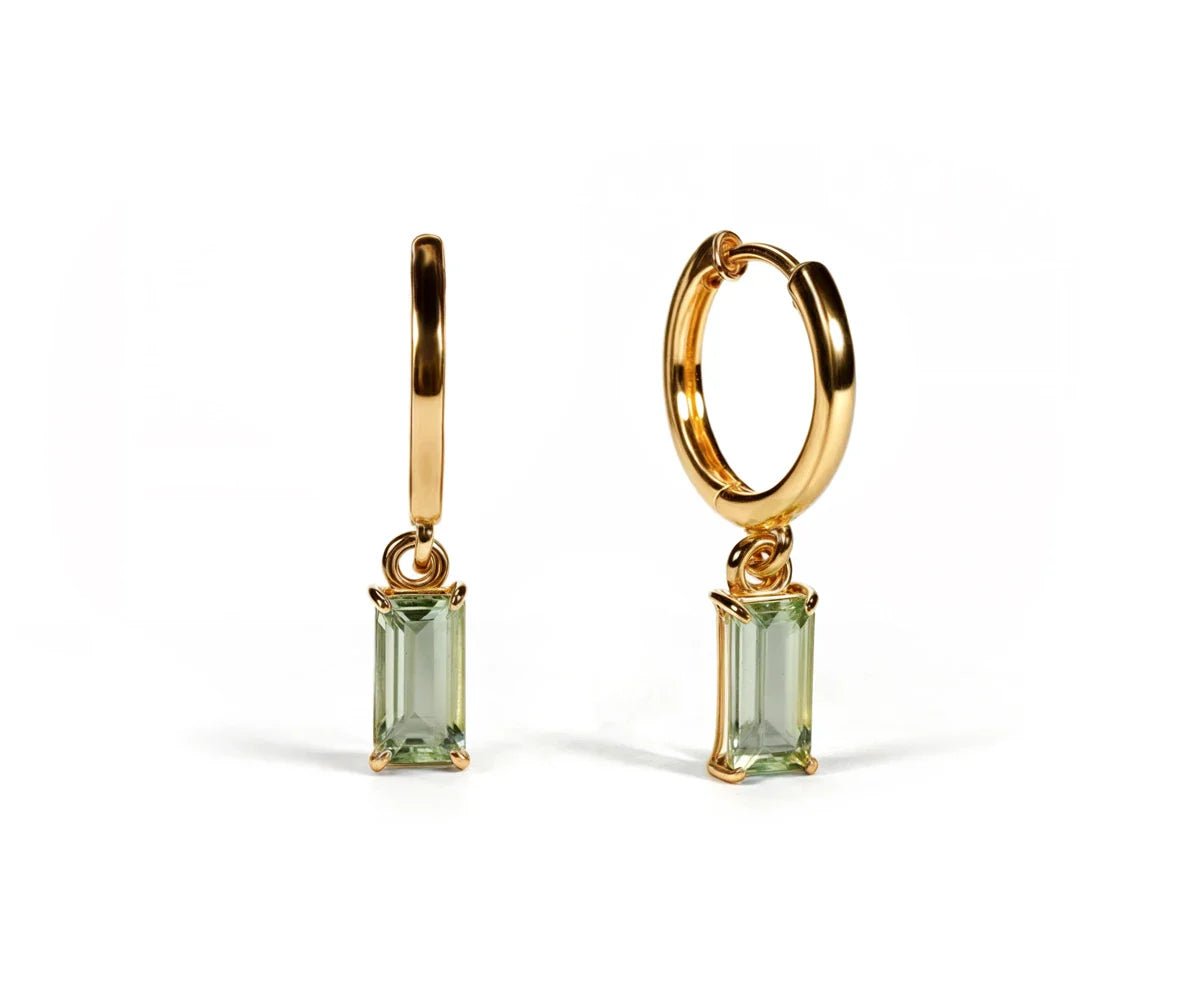 All Cotton and Linen Green Amethyst Huggie Earrings | 18K Gold - Plated Baguette - Cut