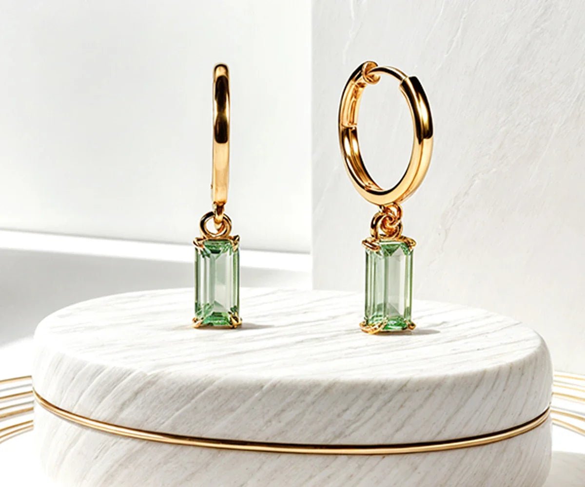 All Cotton and Linen Green Amethyst Huggie Earrings | 18K Gold - Plated Baguette - Cut