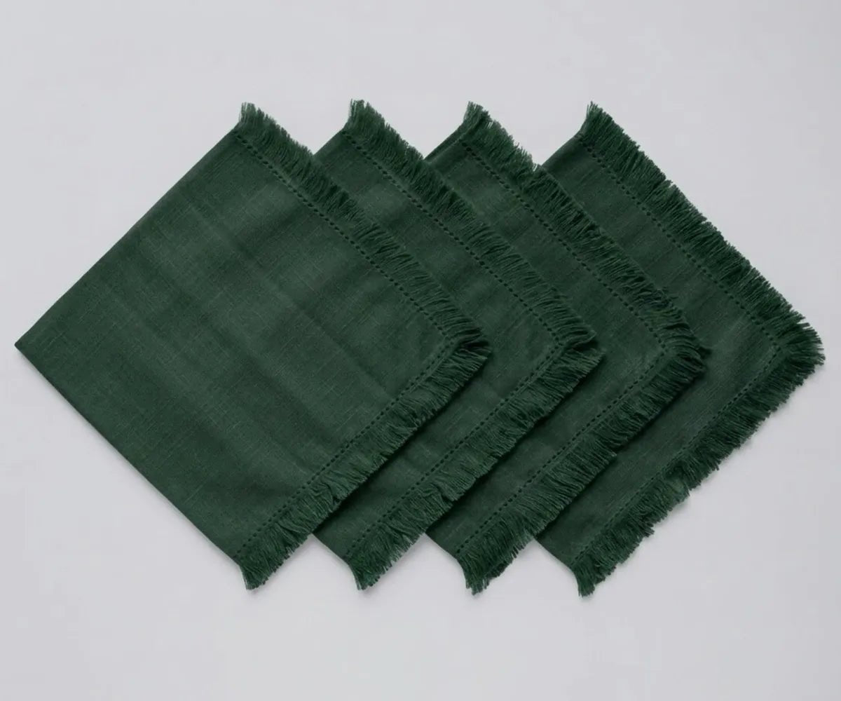 All Cotton and Linen Green Cotton Fringe Cloth Napkins