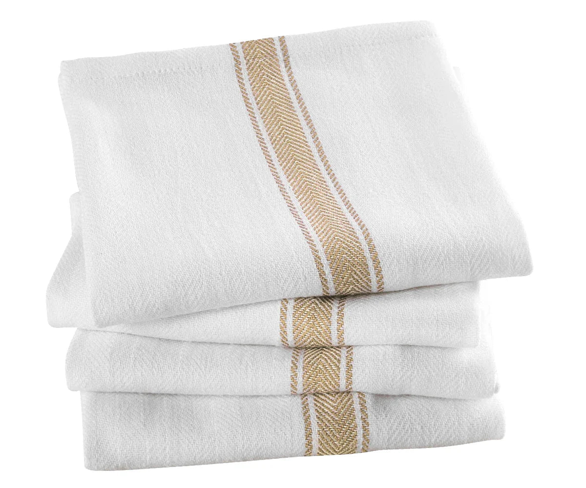 All Cotton and Linen Herringbone Striped Cotton Dish Towels - Set of 4 | Beige & White