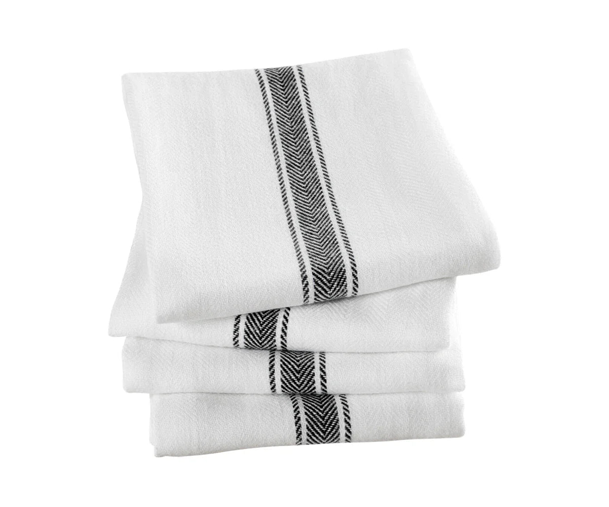 All Cotton and Linen Herringbone Striped Cotton Dish Towels - Set of 4 | Black & White