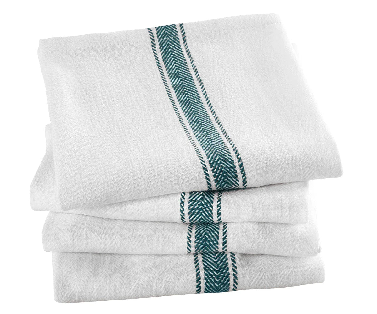 All Cotton and Linen Herringbone Striped Cotton Dish Towels - Set of 4 | Green & White