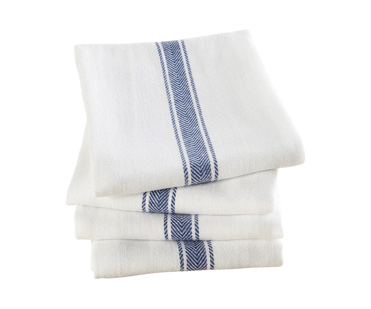 All Cotton and Linen Herringbone Striped Cotton Dish Towels - Set of 4 | Navy Blue & White