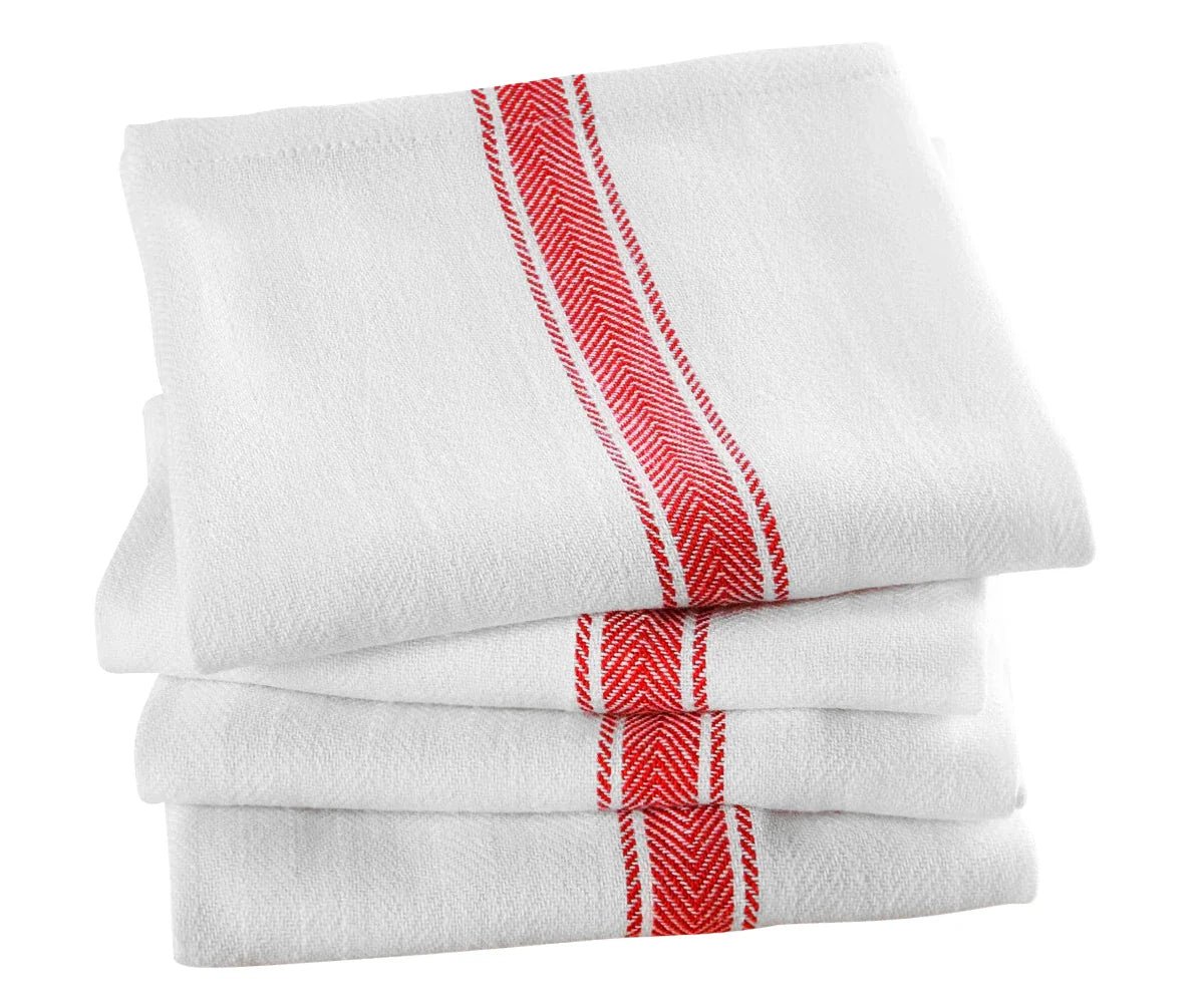 All Cotton and Linen Herringbone Striped Cotton Dish Towels - Set of 4 | Red & White