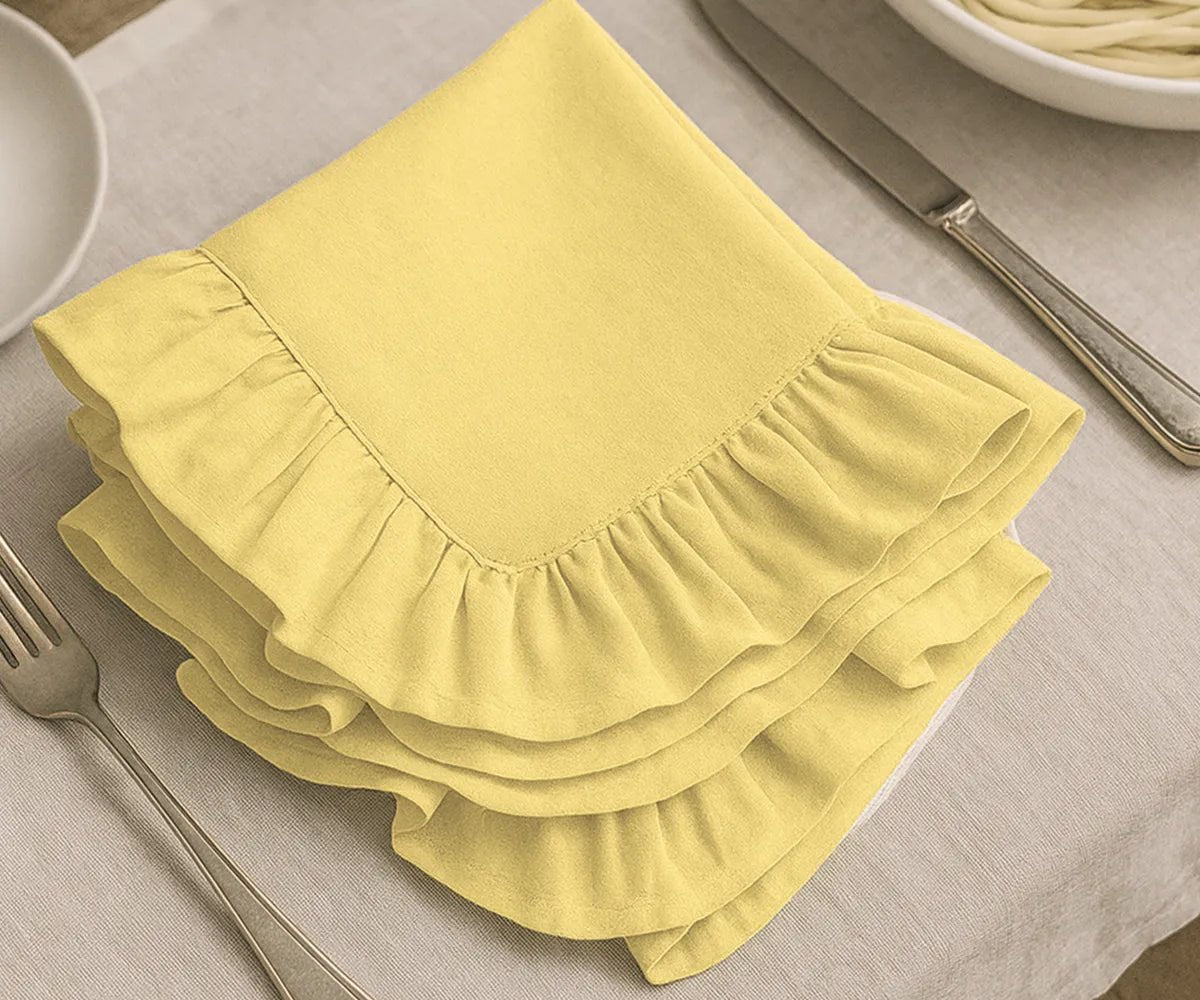 All Cotton and Linen Lemon Yellow Ruffle Edge Cloth Napkins