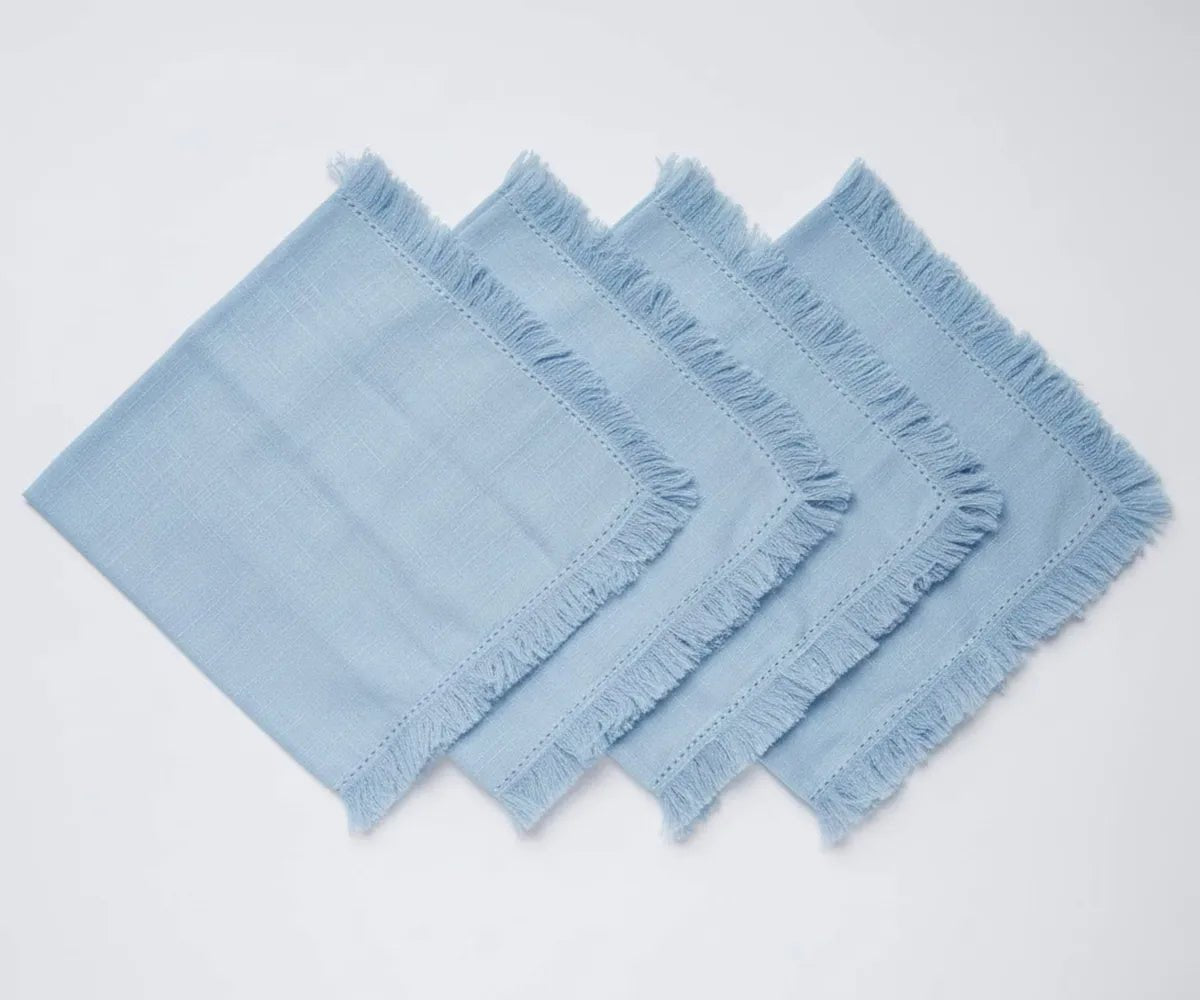 All Cotton and Linen Light Blue Cotton Fringe Cloth Napkins