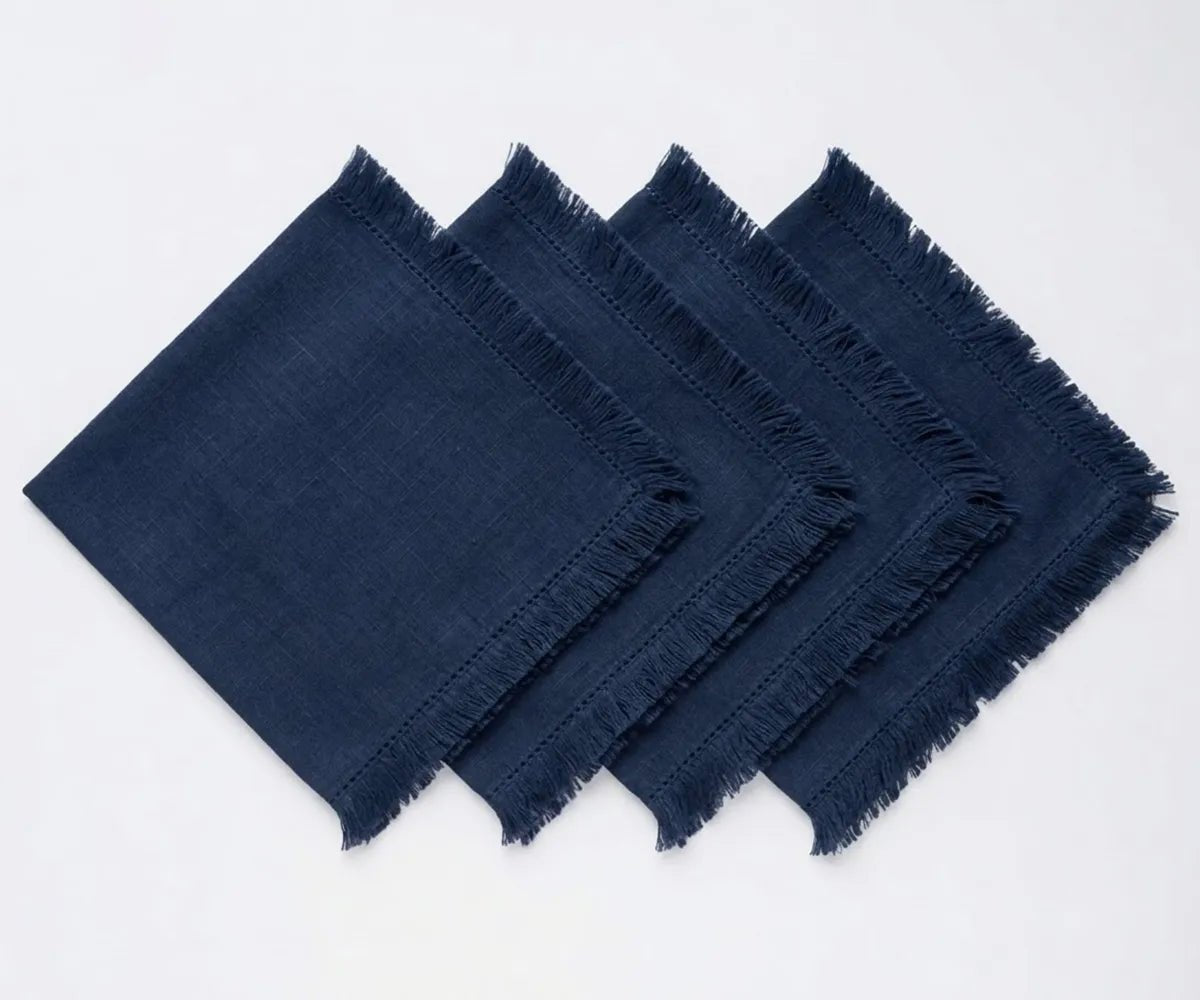 All Cotton and Linen Navy Blue Cotton Fringe Cloth Napkins