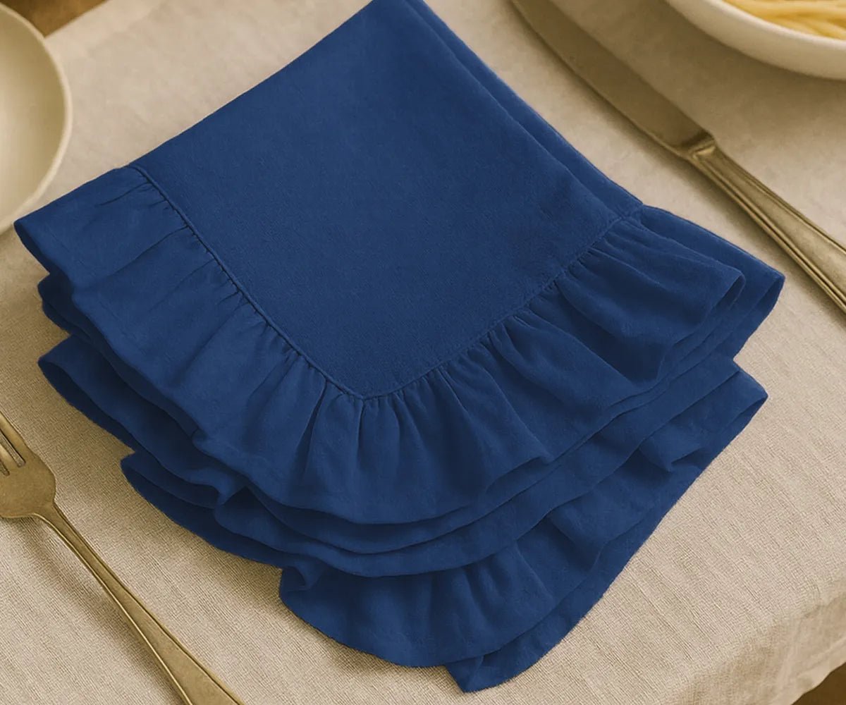 All Cotton and Linen Navy Blue Ruffle Edge Cloth Napkins