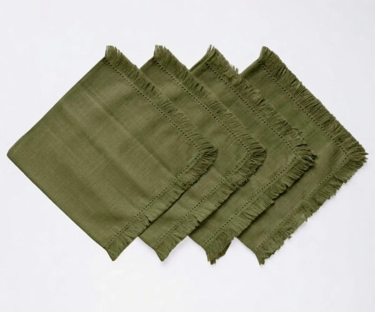 All Cotton and Linen Olive Green Cotton Fringe Cloth Napkins