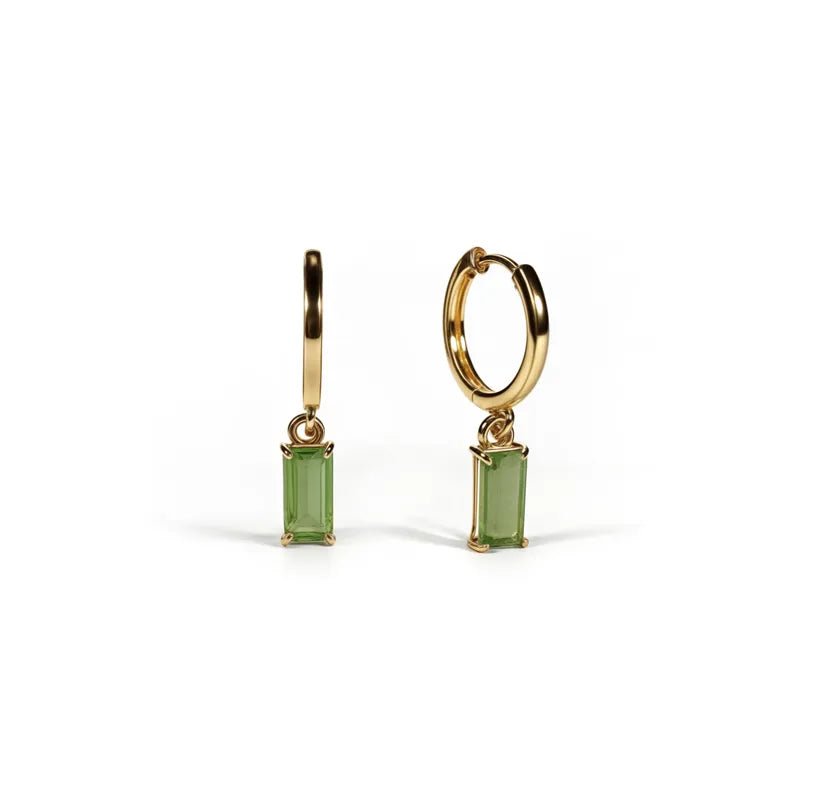 All Cotton and Linen Peridot Huggie Hoop Earrings | 18K Gold Plated Baguette - Cut Green Stone