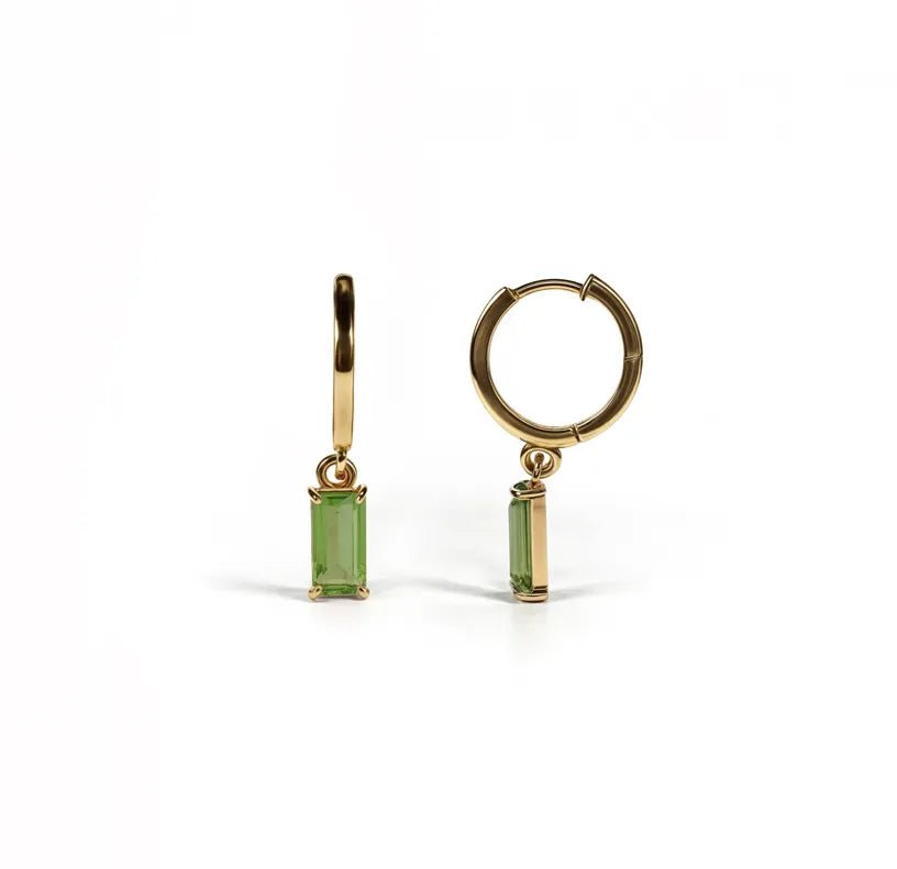 All Cotton and Linen Peridot Huggie Hoop Earrings | 18K Gold Plated Baguette - Cut Green Stone