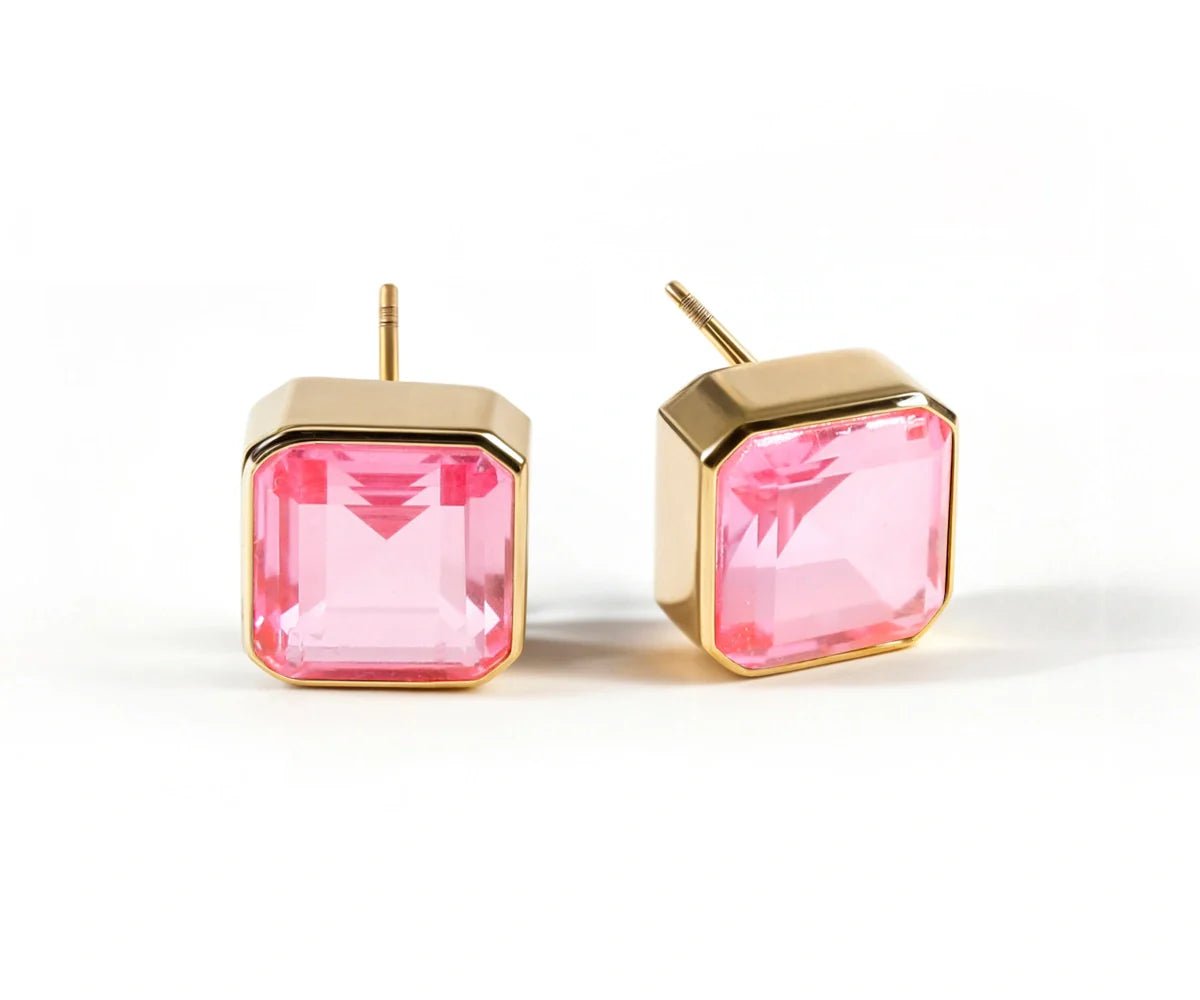 All Cotton and Linen Pink Tourmaline Stud Earrings | 18K Gold - Plated Asscher - Cut Bliss Stone